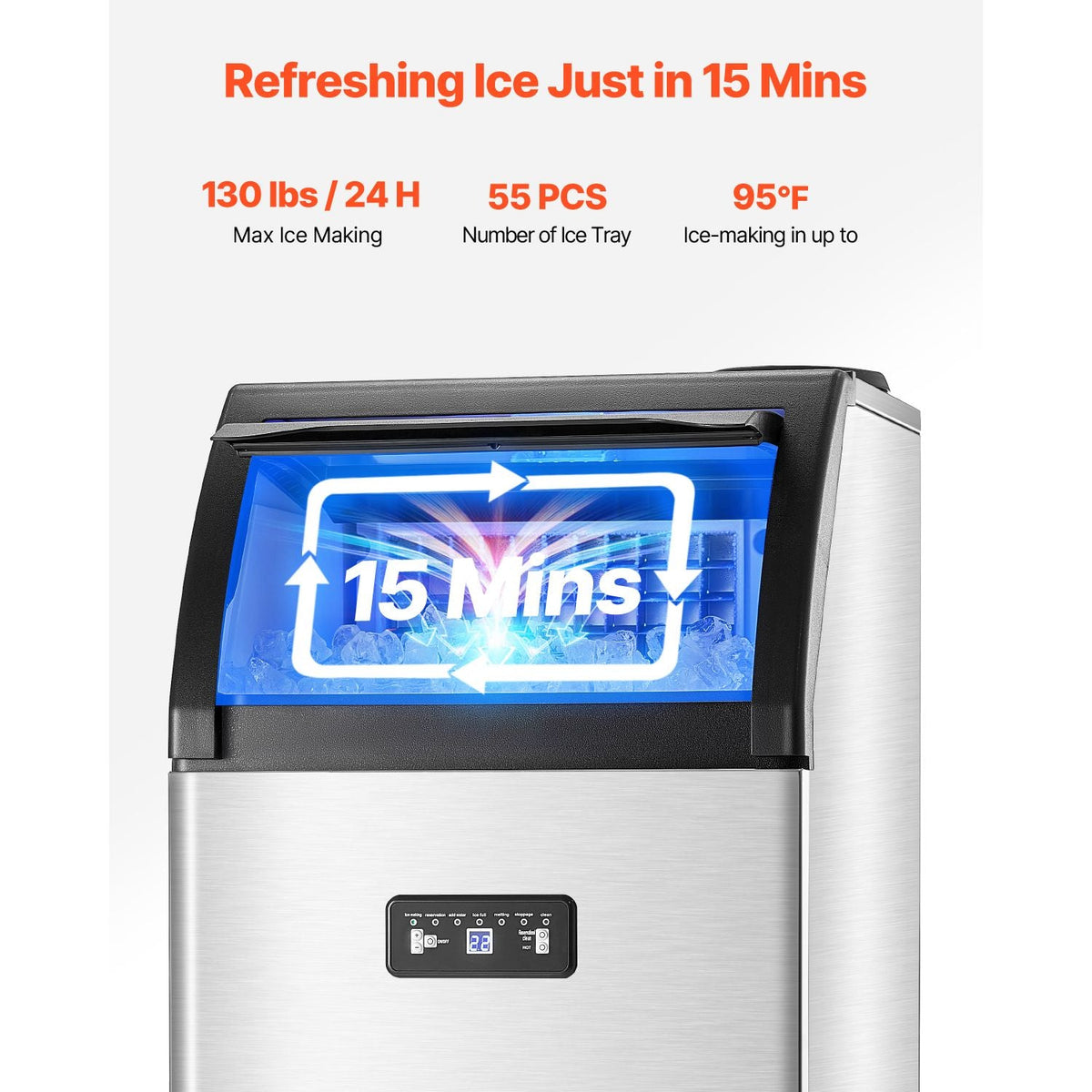 Commercial Ice Maker Machine, 130lbs/24H Ice Maker Machine with 33lbs Storage Capacity, 55 Ice Cubes in 15 Minutes, LED Digital Display Freestanding Self-Cleaning for Bar Office Restaurant