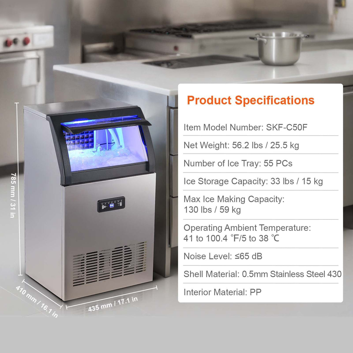 Commercial Ice Maker Machine, 130lbs/24H Ice Maker Machine with 33lbs Storage Capacity, 55 Ice Cubes in 15 Minutes, LED Digital Display Freestanding Self-Cleaning for Bar Office Restaurant