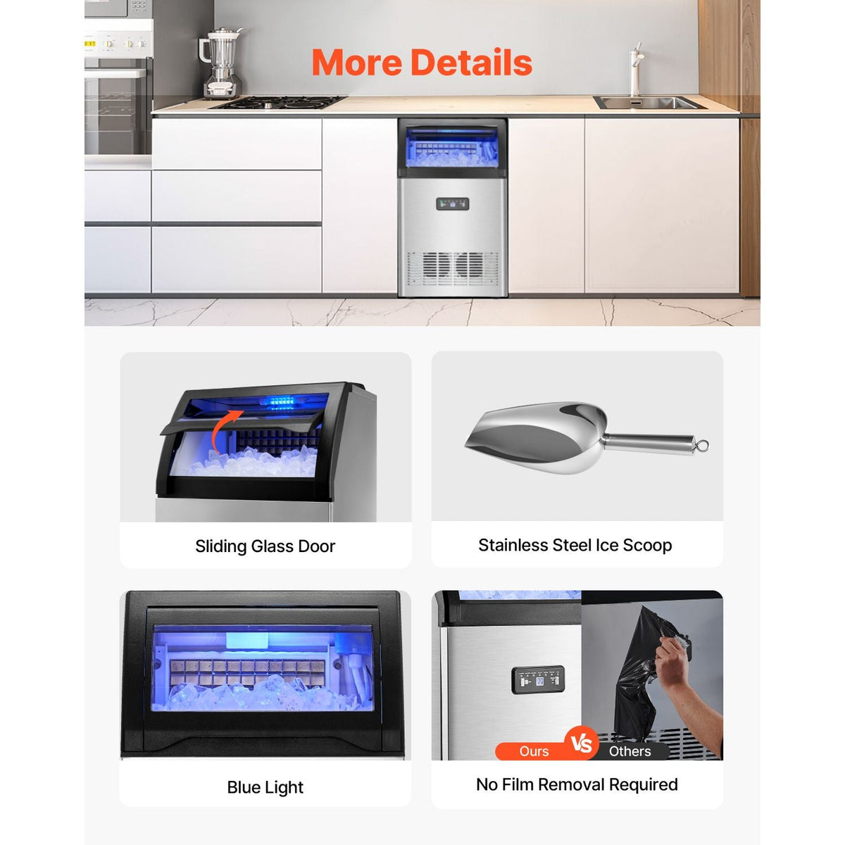 Commercial Ice Maker Machine, 130lbs/24H Ice Maker Machine with 33lbs Storage Capacity, 55 Ice Cubes in 15 Minutes, LED Digital Display Freestanding Self-Cleaning for Bar Office Restaurant