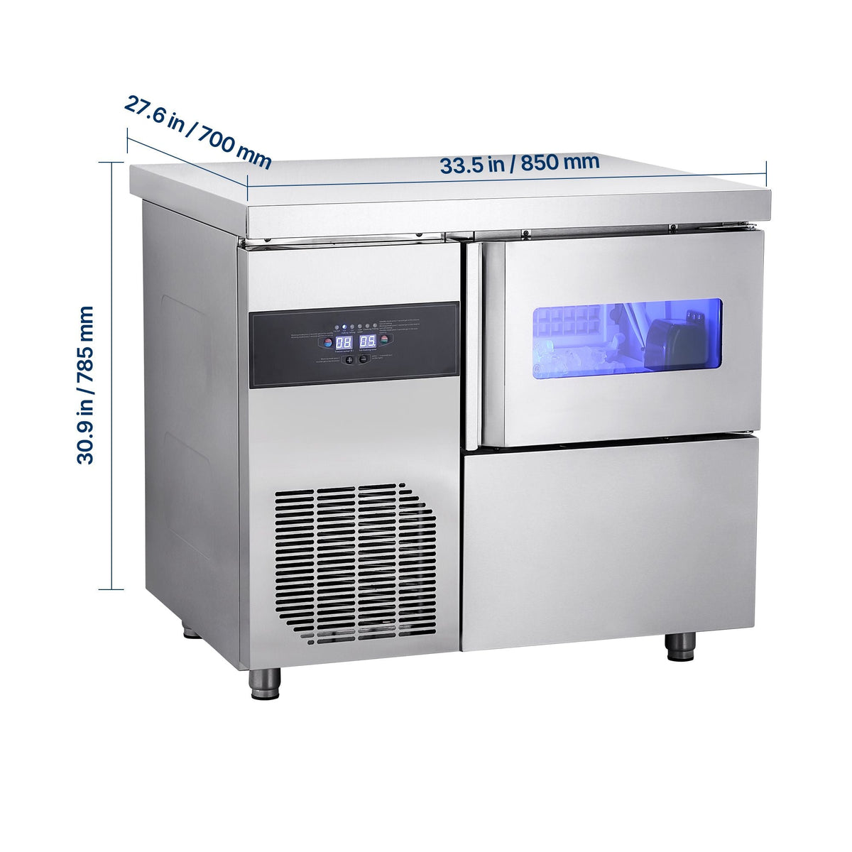 Commercial Ice Maker Machine, 132 lbs/24H Stainless Steel Ice Machine with Worktop, 30 lbs Storage & 70 Cubes/Cycle, Self-Cleaning Freestanding Ice-Making for Home Bar Office Restaurant Kitchen