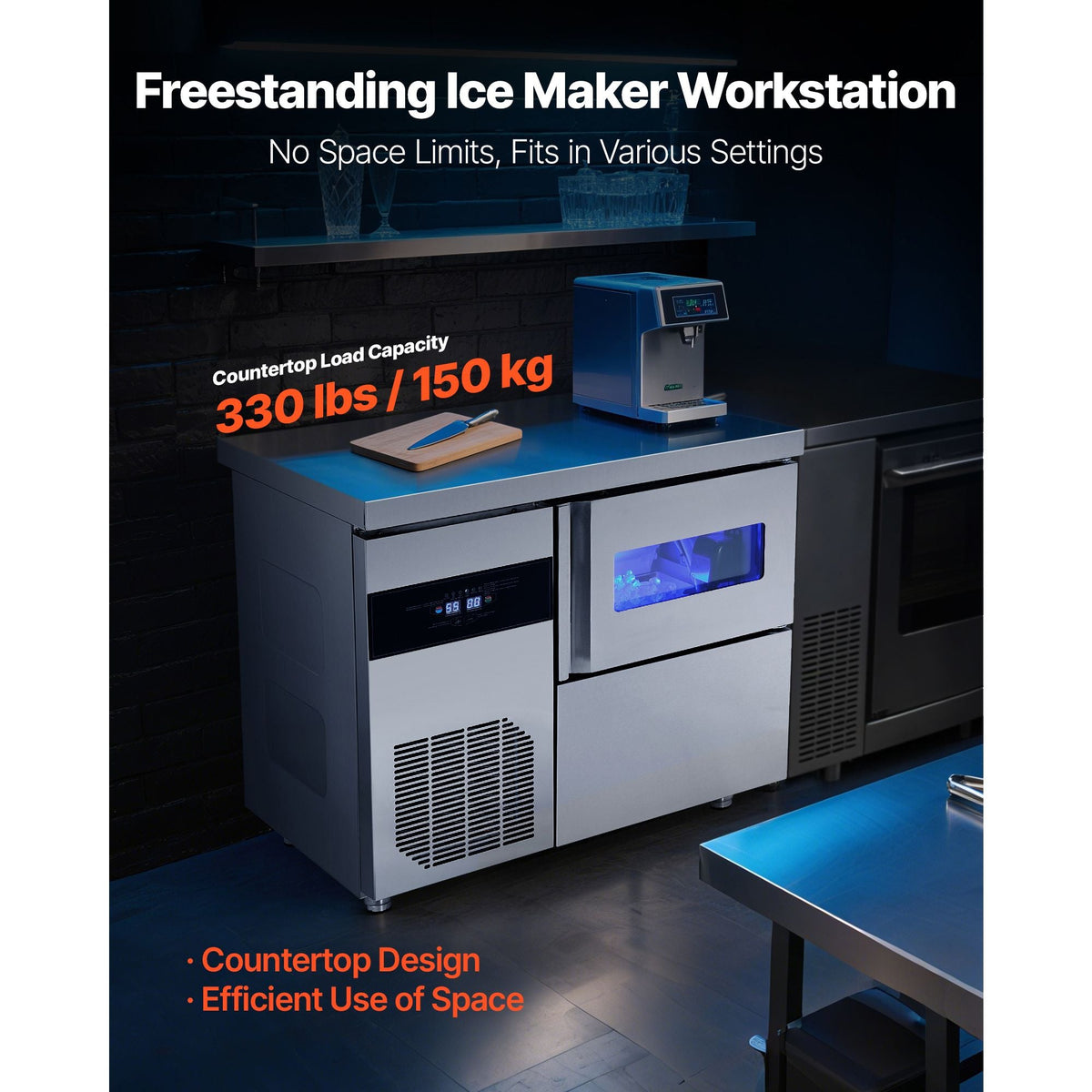 Commercial Ice Maker Machine, 132 lbs/24H Stainless Steel Ice Machine with Worktop, 30 lbs Storage & 70 Cubes/Cycle, Self-Cleaning Freestanding Ice-Making for Home Bar Office Restaurant Kitchen