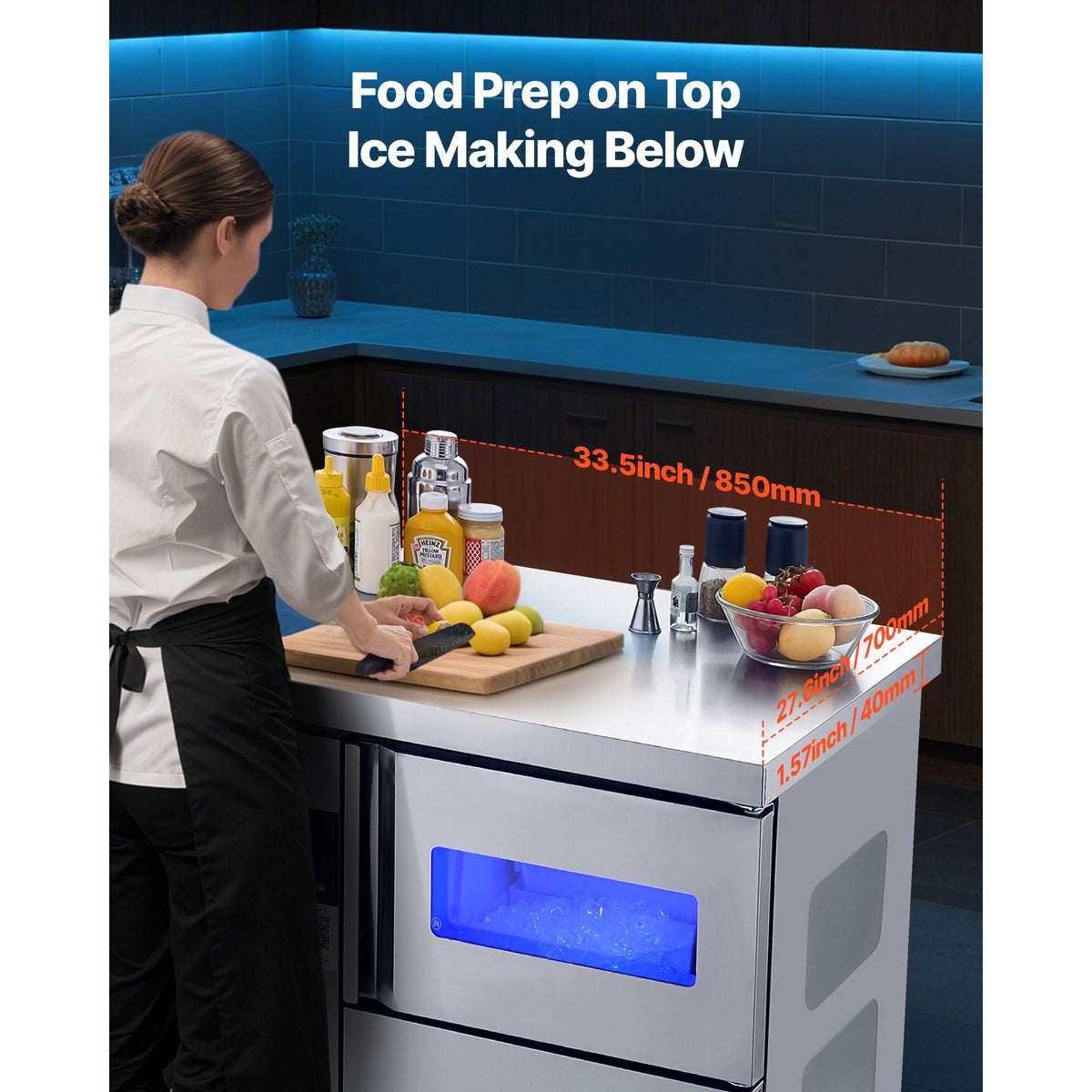 Commercial Ice Maker Machine, 132 lbs/24H Stainless Steel Ice Machine with Worktop, 30 lbs Storage & 70 Cubes/Cycle, Self-Cleaning Freestanding Ice-Making for Home Bar Office Restaurant Kitchen