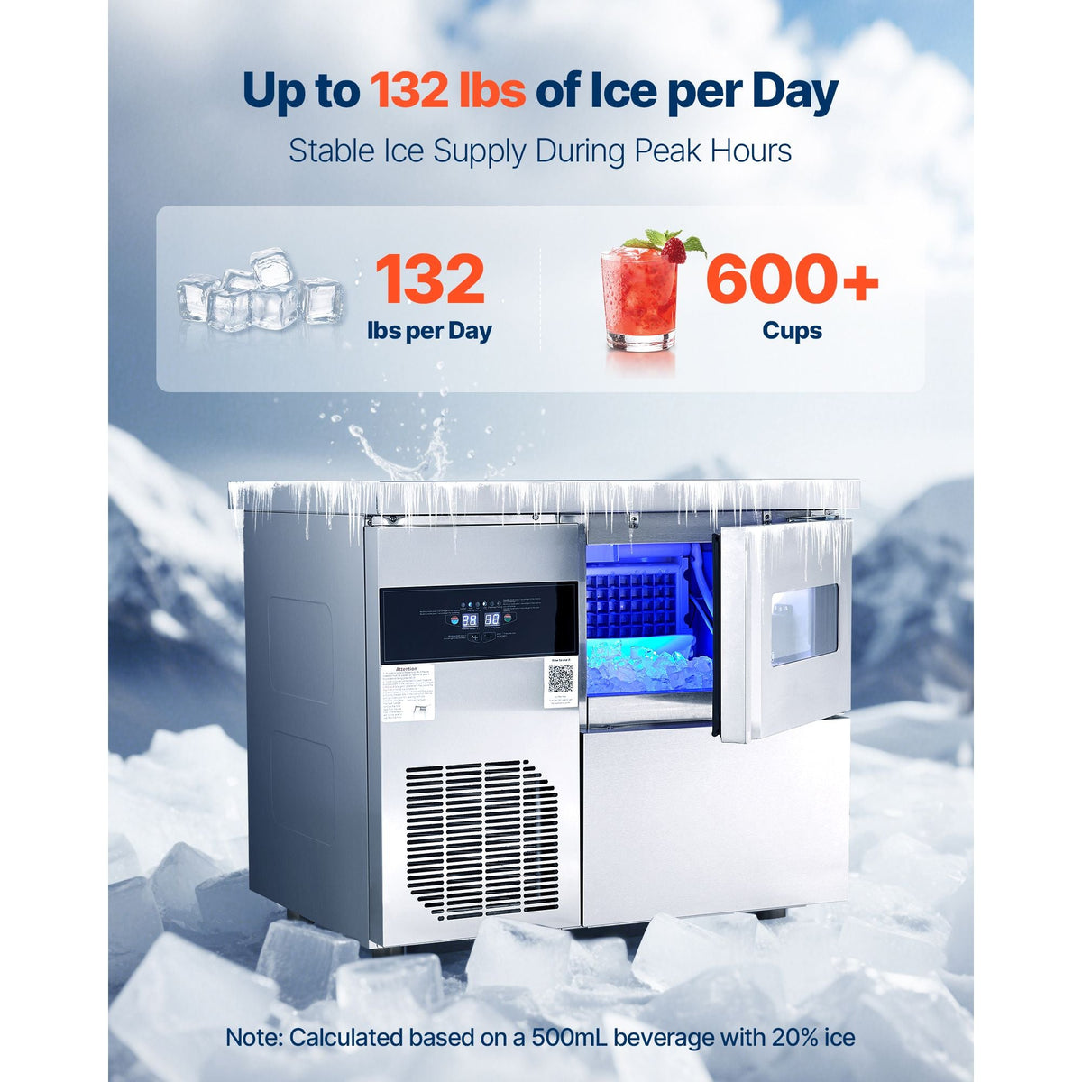 Commercial Ice Maker Machine, 132 lbs/24H Stainless Steel Ice Machine with Worktop, 30 lbs Storage & 70 Cubes/Cycle, Self-Cleaning Freestanding Ice-Making for Home Bar Office Restaurant Kitchen