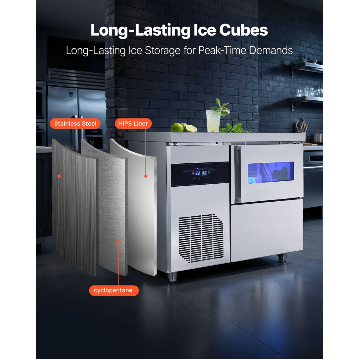 Commercial Ice Maker Machine, 132 lbs/24H Stainless Steel Ice Machine with Worktop, 30 lbs Storage & 70 Cubes/Cycle, Self-Cleaning Freestanding Ice-Making for Home Bar Office Restaurant Kitchen