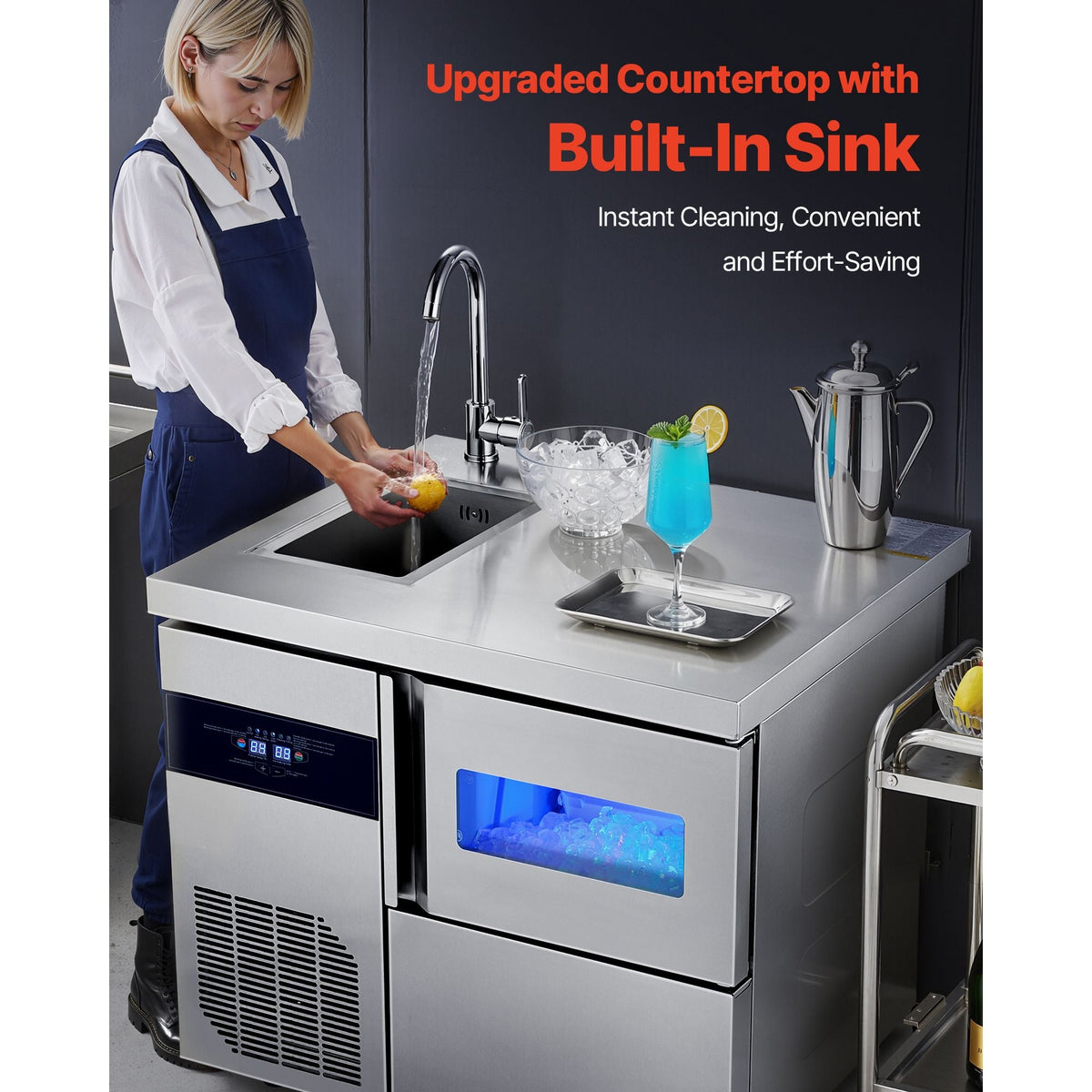 Commercial Ice Maker Machine, 132 lbs/24H Stainless Steel Worktop Ice Machine with Sink, 30 lbs Storage & 70 Cubes/Cycle, Self-Cleaning Freestanding Ice-Making for Home Bar Restaurant Kitchen