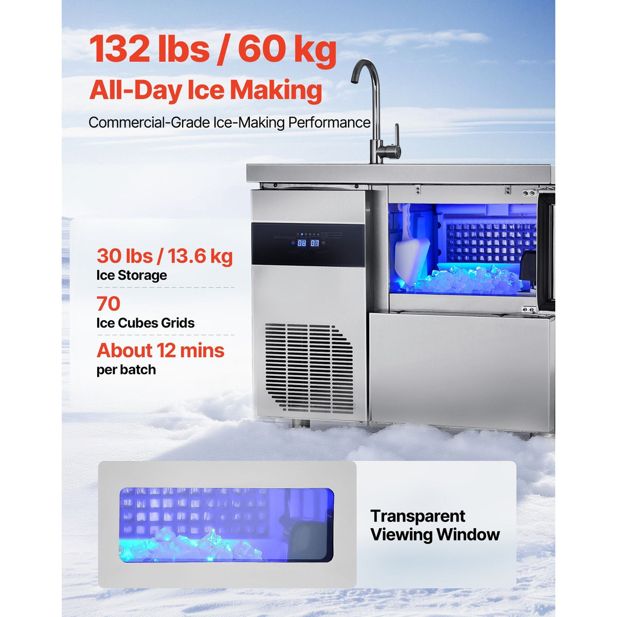 Commercial Ice Maker Machine, 132 lbs/24H Stainless Steel Worktop Ice Machine with Sink, 30 lbs Storage & 70 Cubes/Cycle, Self-Cleaning Freestanding Ice-Making for Home Bar Restaurant Kitchen