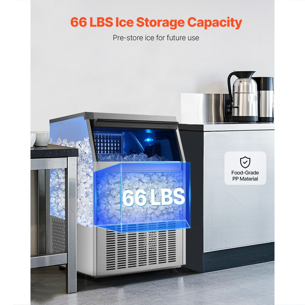 Commercial Ice Maker Machine, 160lbs/24H Ice Maker Machine with 66lbs Storage Capacity, 80 Ice Cubes in 15 Minutes, LED Digital Display Freestanding Self-Cleaning for Bar Office Restaurant