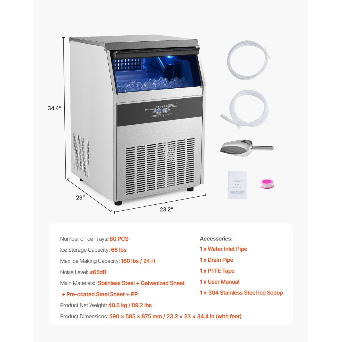 Commercial Ice Maker Machine, 160lbs/24H Ice Maker Machine with 66lbs Storage Capacity, 80 Ice Cubes in 15 Minutes, LED Digital Display Freestanding Self-Cleaning for Bar Office Restaurant