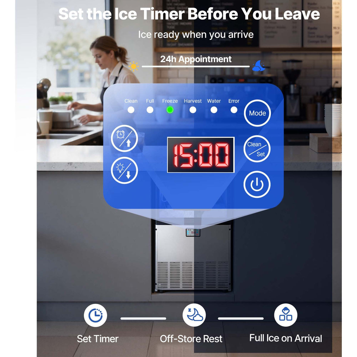 Commercial Ice Maker Machine, 200 lbs/24h with 50 lbs Storage Capacity, Built-in/Freestanding/Under Counter, Stainless Steel Ice Maker with LED Display & Self-Cleaning, for Home Bar Restaurant