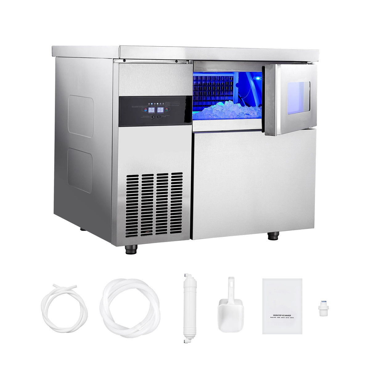 Commercial Ice Maker Machine, 220 lbs/24H Stainless Steel Ice Machine with Worktop, 66 lbs Storage & 108 Cubes/Cycle, Self-Cleaning Freestanding Ice-Making for Home Bar Office Restaurant Kitchen