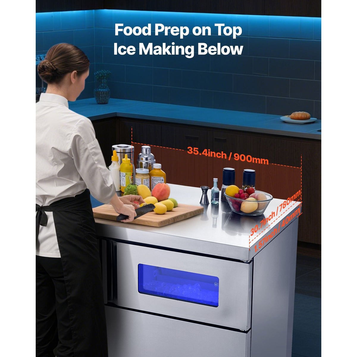 Commercial Ice Maker Machine, 220 lbs/24H Stainless Steel Ice Machine with Worktop, 66 lbs Storage & 108 Cubes/Cycle, Self-Cleaning Freestanding Ice-Making for Home Bar Office Restaurant Kitchen