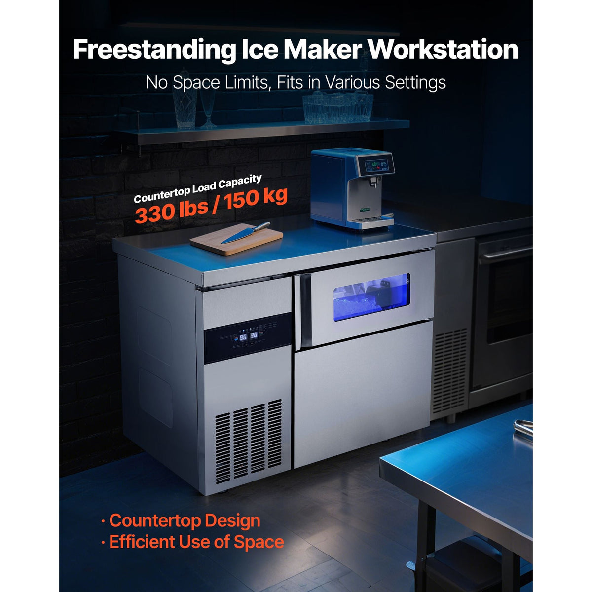 Commercial Ice Maker Machine, 220 lbs/24H Stainless Steel Ice Machine with Worktop, 66 lbs Storage & 108 Cubes/Cycle, Self-Cleaning Freestanding Ice-Making for Home Bar Office Restaurant Kitchen
