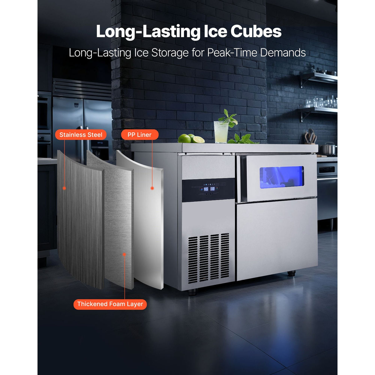 Commercial Ice Maker Machine, 265 lbs/24H Stainless Steel Ice Machine with Worktop, 66 lbs Storage & 126 Cubes/Cycle, Self-Cleaning Freestanding Ice-Making for Home Bar Office Restaurant Kitchen