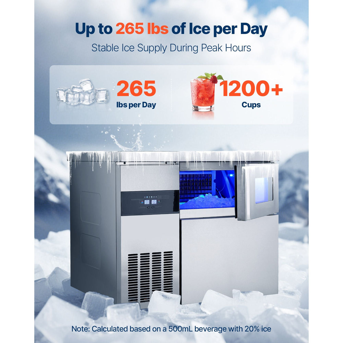 Commercial Ice Maker Machine, 265 lbs/24H Stainless Steel Ice Machine with Worktop, 66 lbs Storage & 126 Cubes/Cycle, Self-Cleaning Freestanding Ice-Making for Home Bar Office Restaurant Kitchen