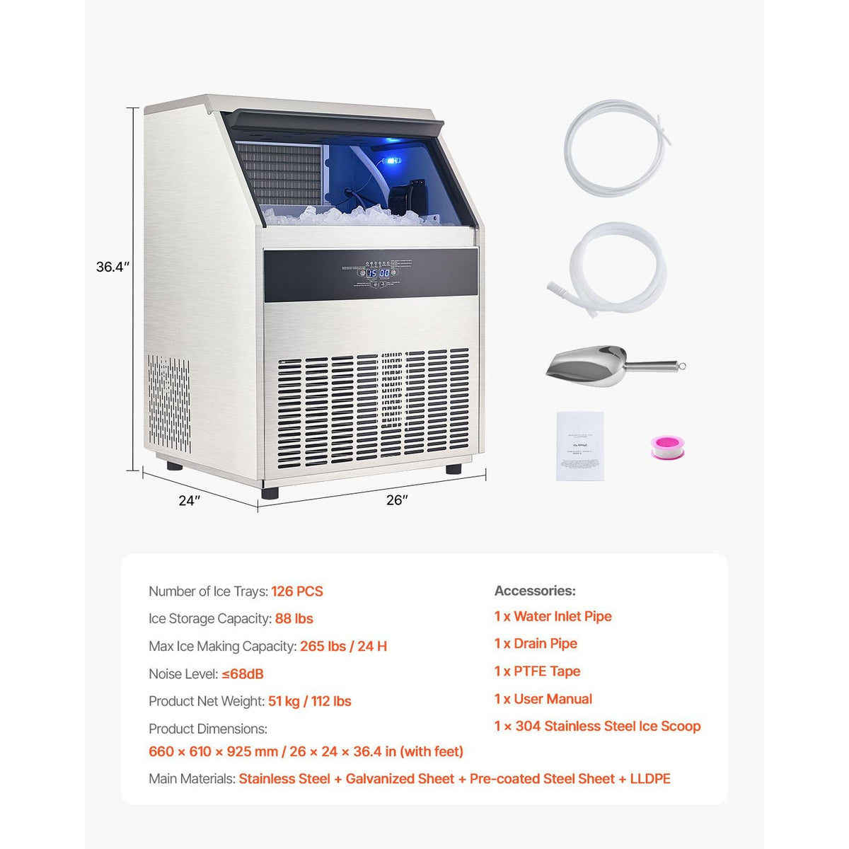 Commercial Ice Maker Machine, 265lbs/24H Ice Maker Machine with 88lbs Storage Capacity, 126 Ice Cubes in 15 Minutes, LED Digital Display Freestanding Self-Cleaning for Bar Office Restaurant