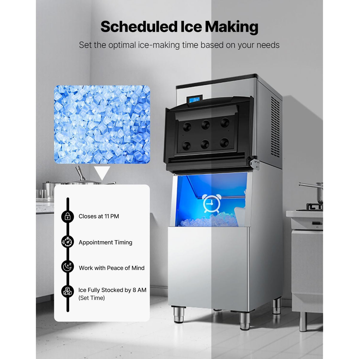Commercial Ice Maker Machine 300 lbs/24 h, 20 Inch Stainless Steel Industrial Ice Machine, Self-Cleaning and Scheduled Ice Making, Modular Ice Cube Machine for Restaurant Hotel - Head Only