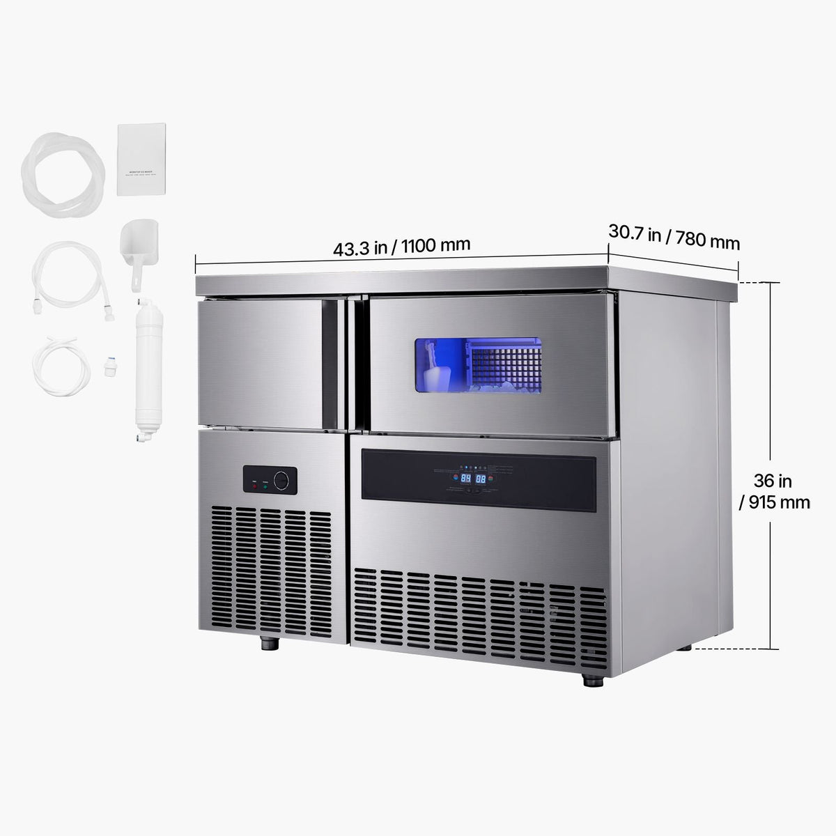 Commercial Ice Maker Machine, 330 lbs/24H Stainless Steel Ice Machine with Worktop, 88 lbs Storage & 144 Cubes/Cycle, Self-Cleaning Freestanding Ice-Making for Home Bar Office Restaurant Kitchen