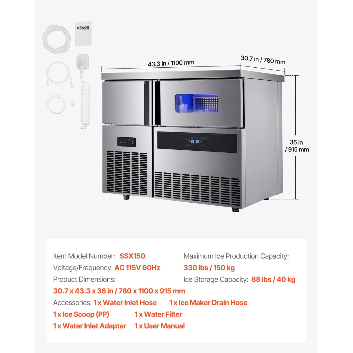 Commercial Ice Maker Machine, 330 lbs/24H Stainless Steel Ice Machine with Worktop, 88 lbs Storage & 144 Cubes/Cycle, Self-Cleaning Freestanding Ice-Making for Home Bar Office Restaurant Kitchen