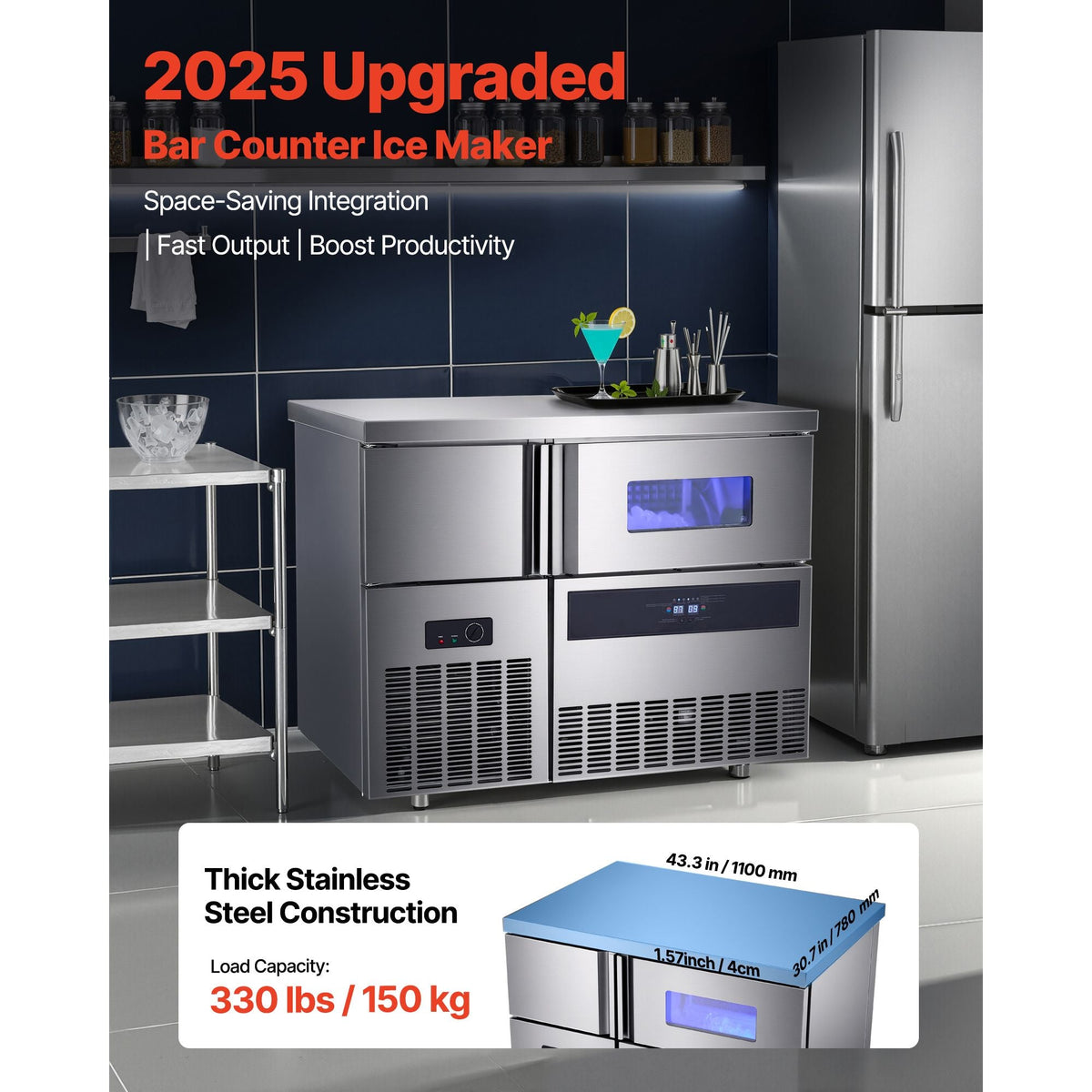 Commercial Ice Maker Machine, 330 lbs/24H Stainless Steel Ice Machine with Worktop, 88 lbs Storage & 144 Cubes/Cycle, Self-Cleaning Freestanding Ice-Making for Home Bar Office Restaurant Kitchen