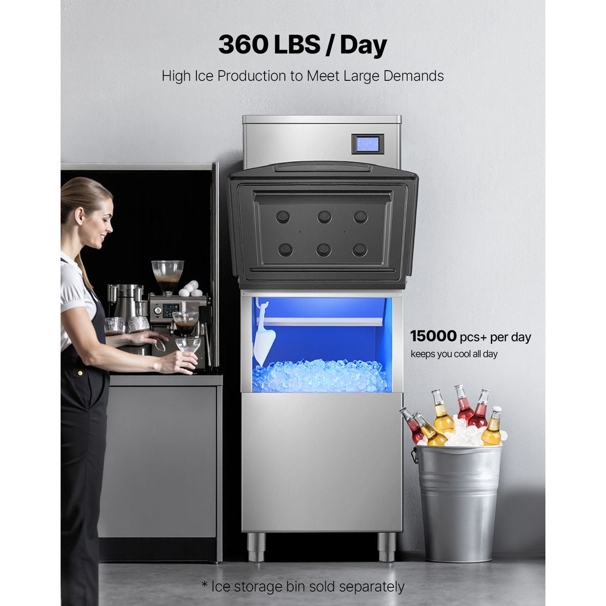 Commercial Ice Maker Machine 360 lbs/Day, 22 Inch Stainless Steel Industrial Ice Machine, Self-Cleaning and Scheduled Ice Making, Modular Ice Cube Machine for Restaurant Hotel - Head Only