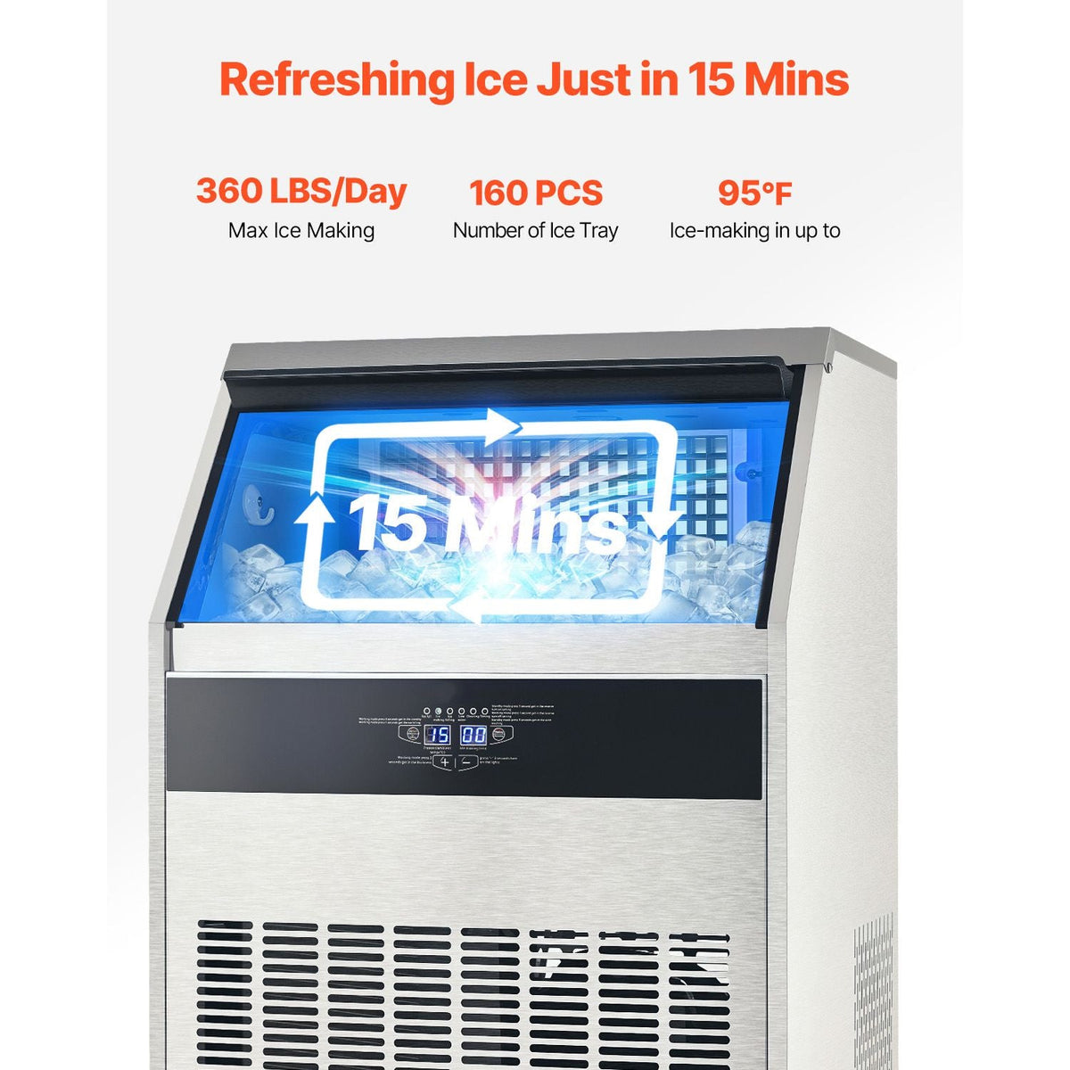 Commercial Ice Maker Machine, 360lbs/24H Ice Maker Machine with 88lbs Storage Capacity, 160 Ice Cubes in 15 Minutes, LED Digital Display Freestanding Self-Cleaning for Bar Office Restaurant