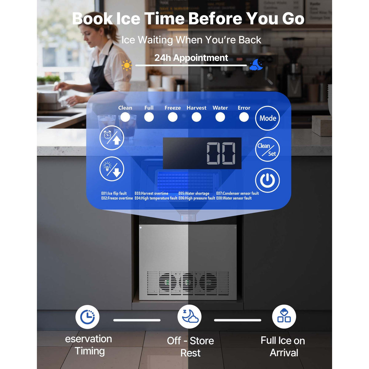 Commercial Ice Maker Machine, 440 lbs/24h with 85 lbs Storage Capacity, Built-in/Freestanding/Under Counter, Stainless Steel Ice Maker with LED Display & Self-Cleaning, for Home Bar Restaurant