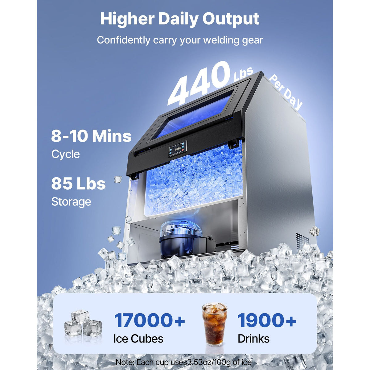 Commercial Ice Maker Machine, 440 lbs/24h with 85 lbs Storage Capacity, Built-in/Freestanding/Under Counter, Stainless Steel Ice Maker with LED Display & Self-Cleaning, for Home Bar Restaurant