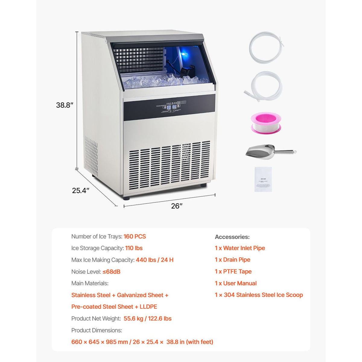 Commercial Ice Maker Machine, 440lbs/24H Ice Maker Machine with 130lbs Storage Capacity, 160 Ice Cubes in 15 Minutes, LED Digital Display Freestanding Self-Cleaning for Bar Office Restaurant