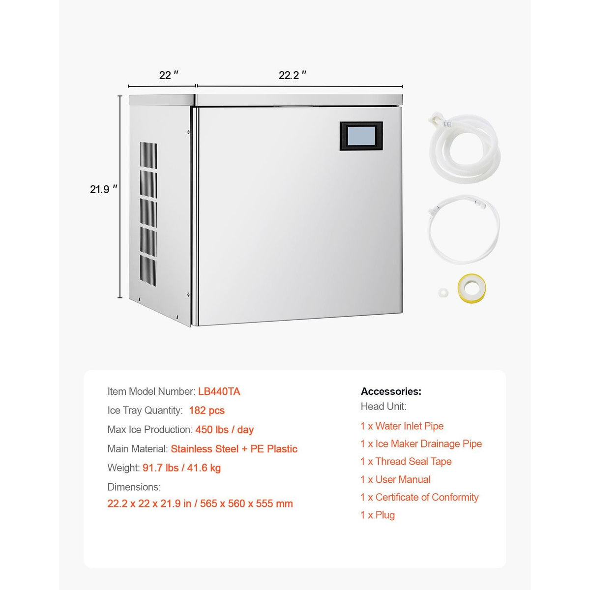 Commercial Ice Maker Machine 450 lbs/Day, 22 Inch Stainless Steel Industrial Ice Machine, Self-Cleaning and Scheduled Ice Making, Modular Ice Cube Machine for Restaurant Hotel - Head Only