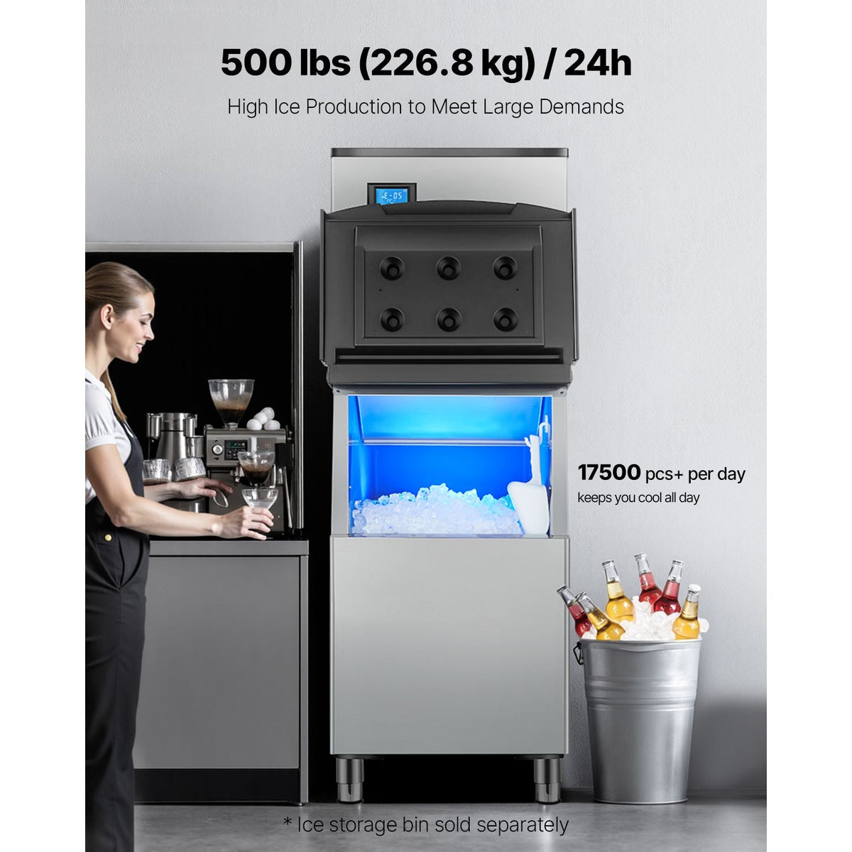 Commercial Ice Maker Machine 500 lbs/24 h, 22 Inch Stainless Steel Industrial Ice Machine, Self-Cleaning and Scheduled Ice Making, Modular Ice Cube Machine for Restaurant Hotel - Head Only