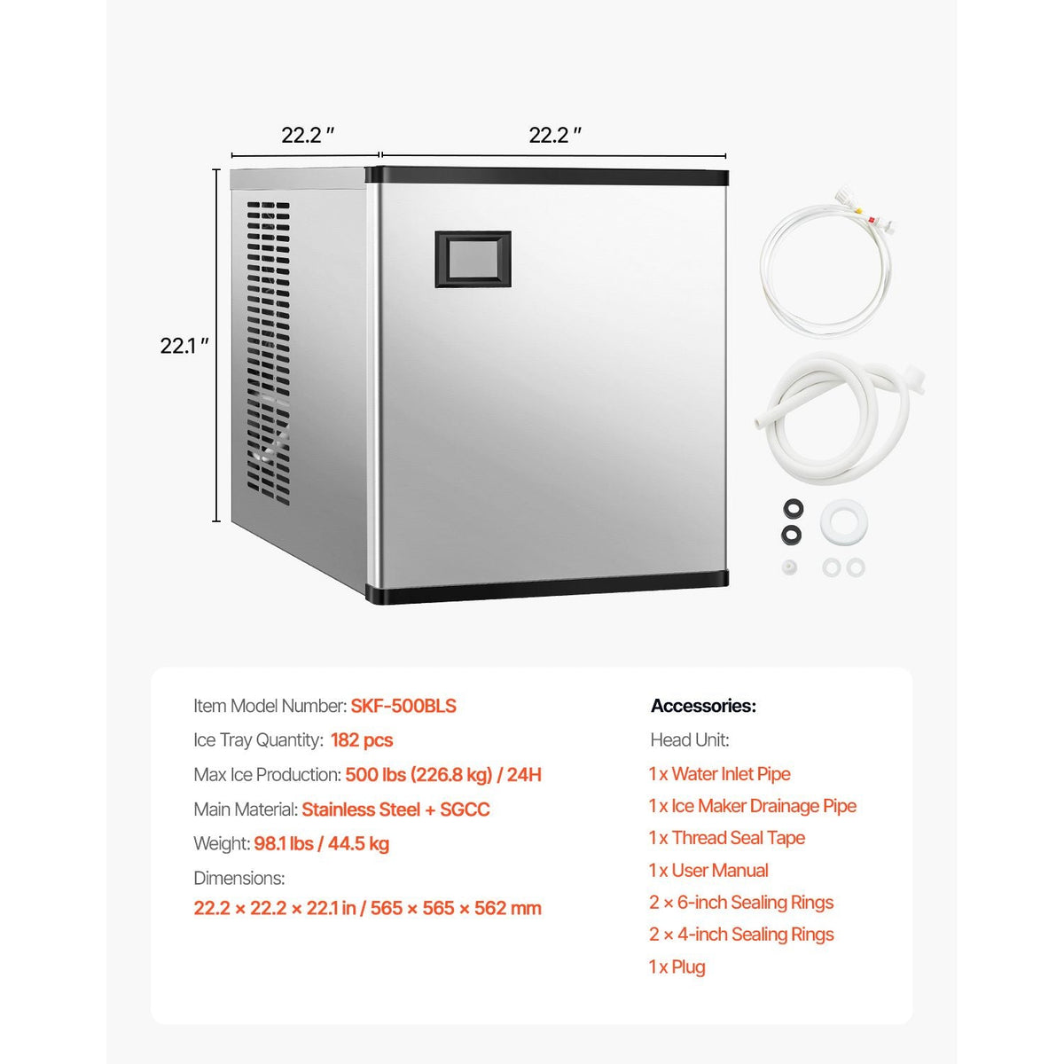 Commercial Ice Maker Machine 500 lbs/24 h, 22 Inch Stainless Steel Industrial Ice Machine, Self-Cleaning and Scheduled Ice Making, Modular Ice Cube Machine for Restaurant Hotel - Head Only