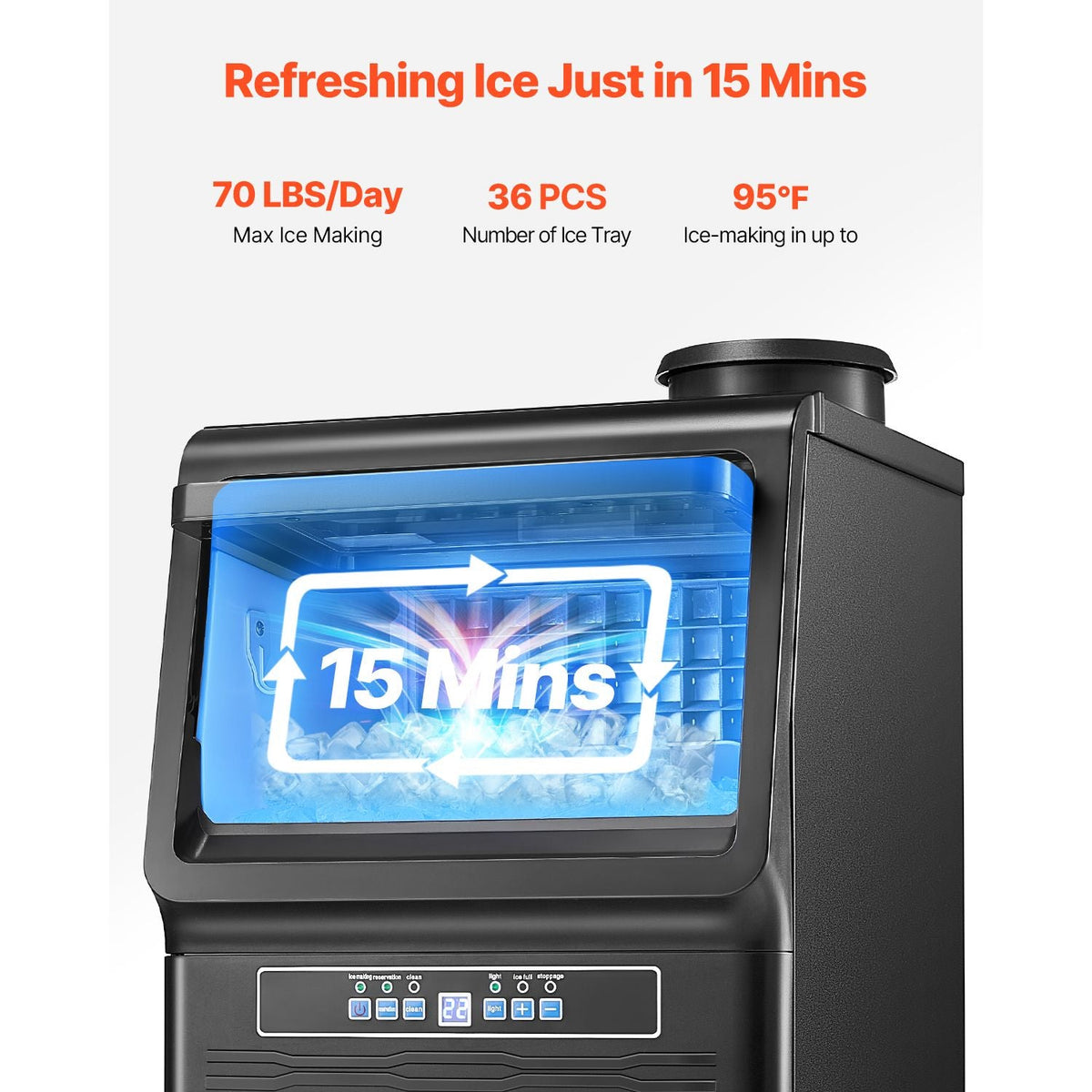 Commercial Ice Maker Machine, 70lbs/24H Ice Maker Machine with 12lbs Storage Capacity, 36 Ice Cubes in 15 Minutes, LED Digital Display Freestanding Self-Cleaning for Bar Office Restaurant