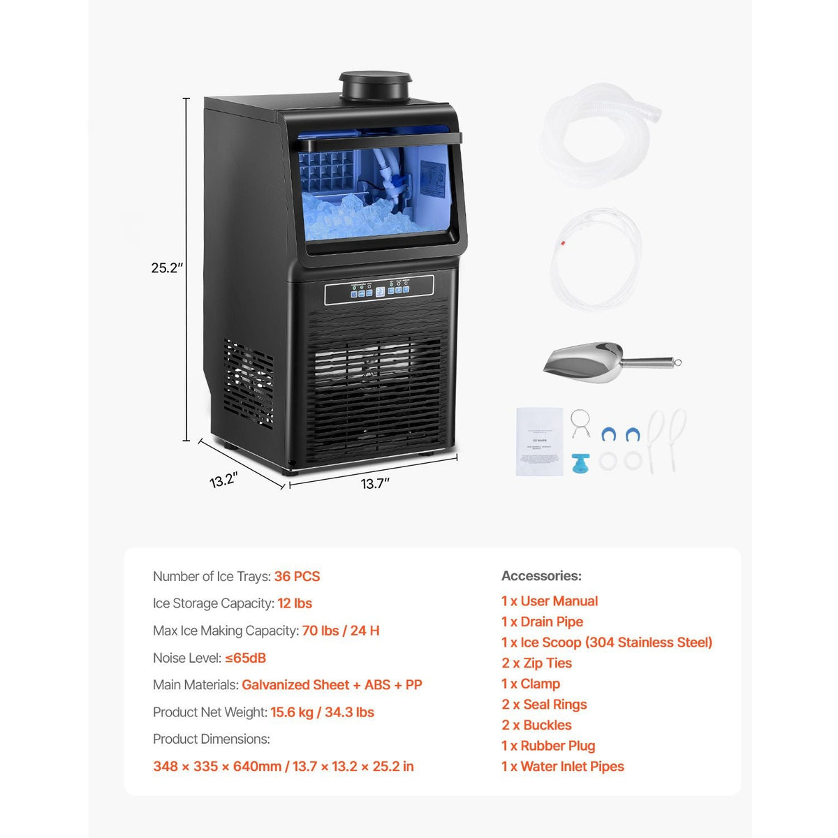 Commercial Ice Maker Machine, 70lbs/24H Ice Maker Machine with 12lbs Storage Capacity, 36 Ice Cubes in 15 Minutes, LED Digital Display Freestanding Self-Cleaning for Bar Office Restaurant