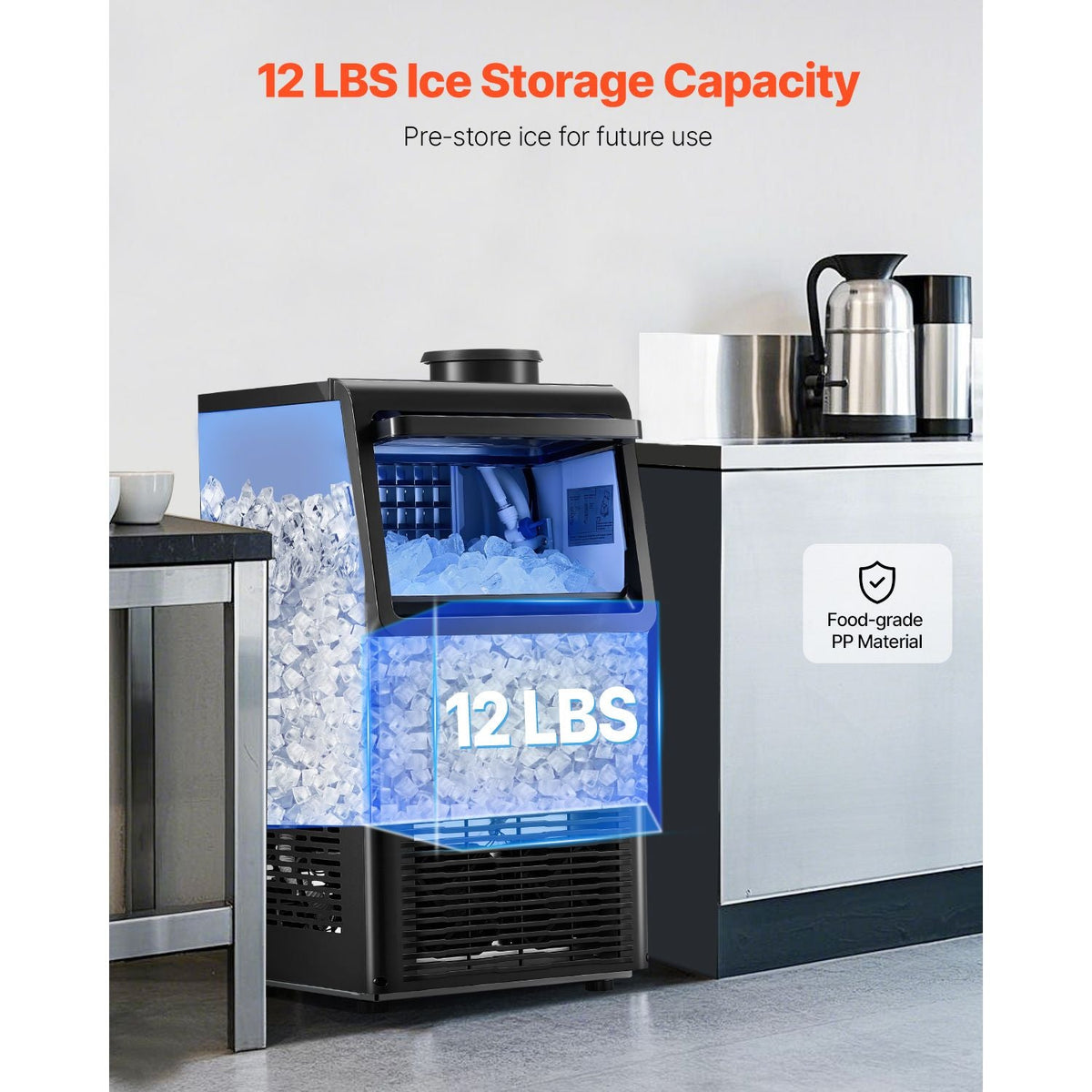 Commercial Ice Maker Machine, 70lbs/24H Ice Maker Machine with 12lbs Storage Capacity, 36 Ice Cubes in 15 Minutes, LED Digital Display Freestanding Self-Cleaning for Bar Office Restaurant