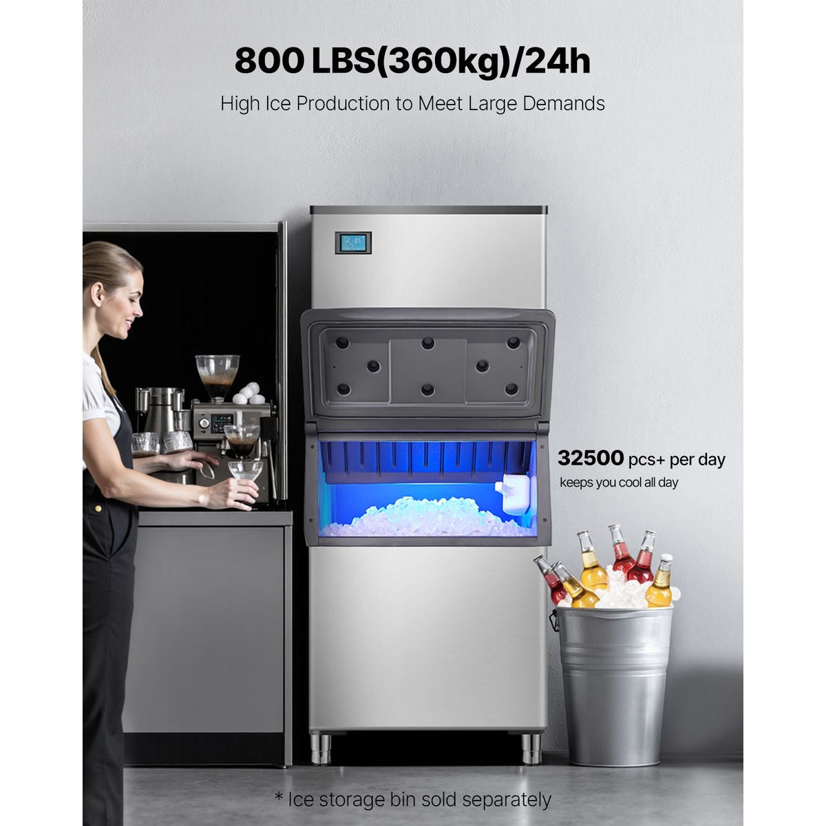Commercial Ice Maker Machine 800 lbs/24 h, 26 Inch Stainless Steel Industrial Ice Machine, Self-Cleaning and Scheduled Ice Making, Modular Ice Cube Machine for Restaurant Hotel - Head Only