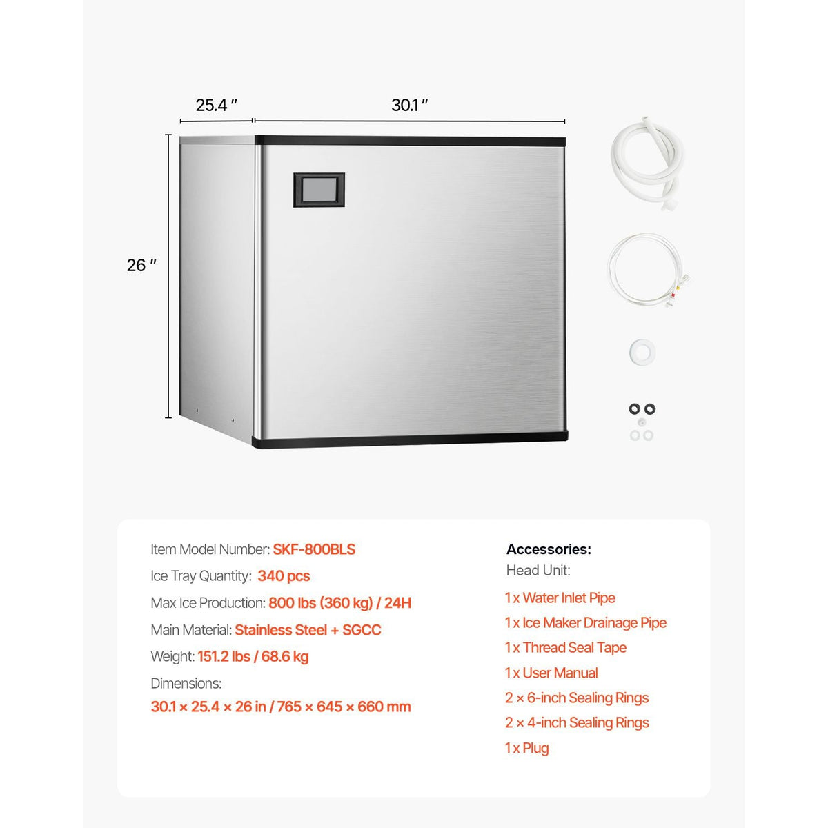 Commercial Ice Maker Machine 800 lbs/24 h, 26 Inch Stainless Steel Industrial Ice Machine, Self-Cleaning and Scheduled Ice Making, Modular Ice Cube Machine for Restaurant Hotel - Head Only