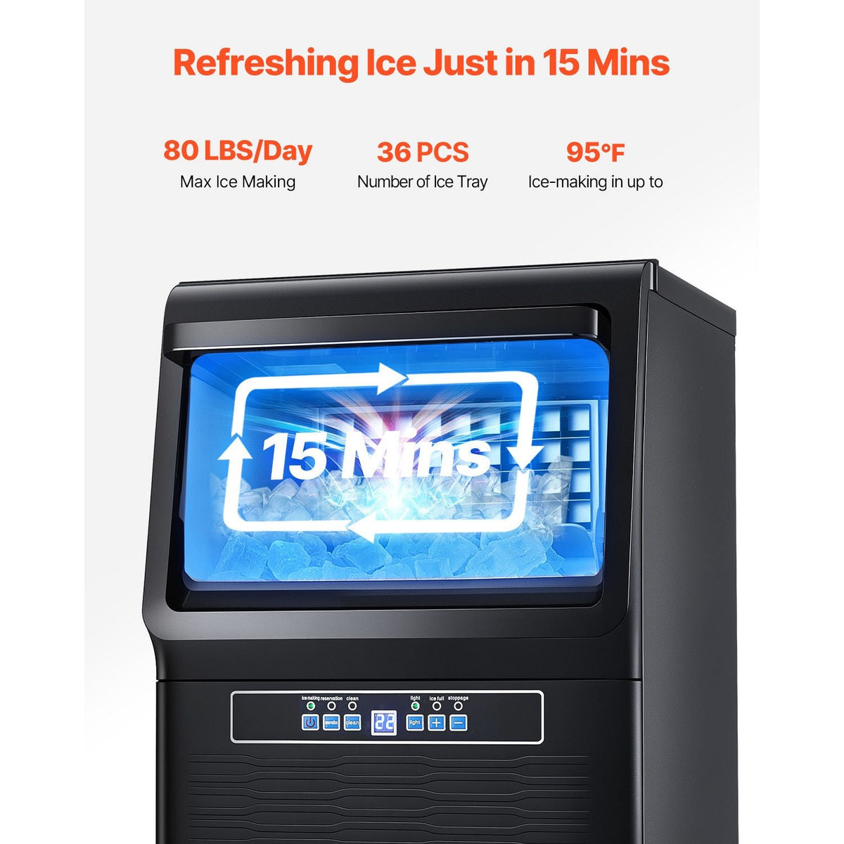 Commercial Ice Maker Machine, 80lbs/24H Ice Maker Machine with 12lbs Storage Capacity, 36 Ice Cubes in 15 Minutes, LED Digital Display Freestanding Self-Cleaning for Bar Office Restaurant