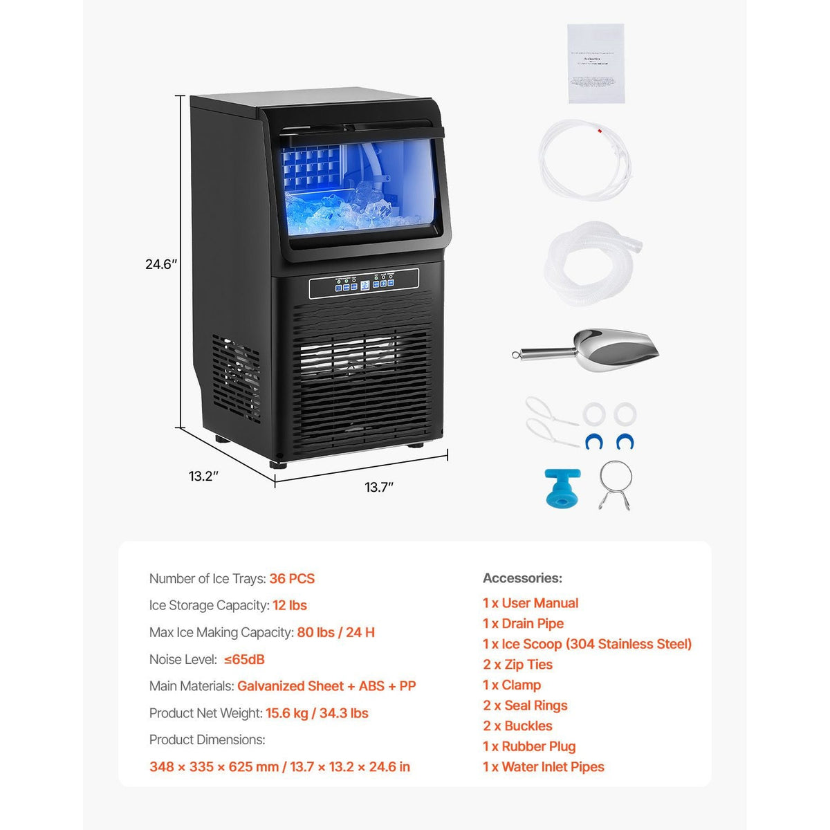 Commercial Ice Maker Machine, 80lbs/24H Ice Maker Machine with 12lbs Storage Capacity, 36 Ice Cubes in 15 Minutes, LED Digital Display Freestanding Self-Cleaning for Bar Office Restaurant