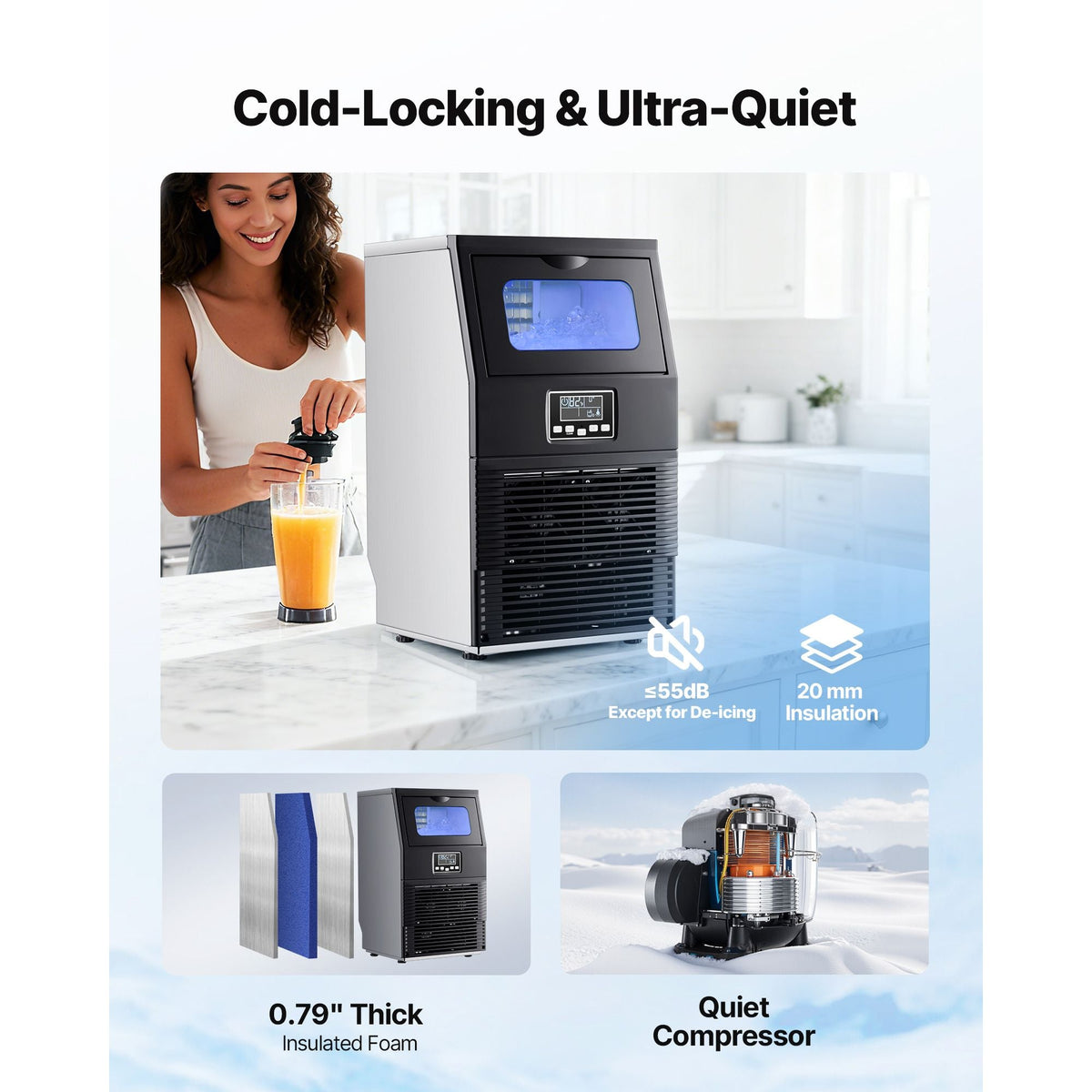 Commercial Ice Maker Machine, 90 lbs/24h with 12Lbs Storage, 32 Cubes per Cycle, Stainless Steel Freestanding & Countertop Ice Maker with LED Display & Self-Cleaning, for Home Bar Restaurant
