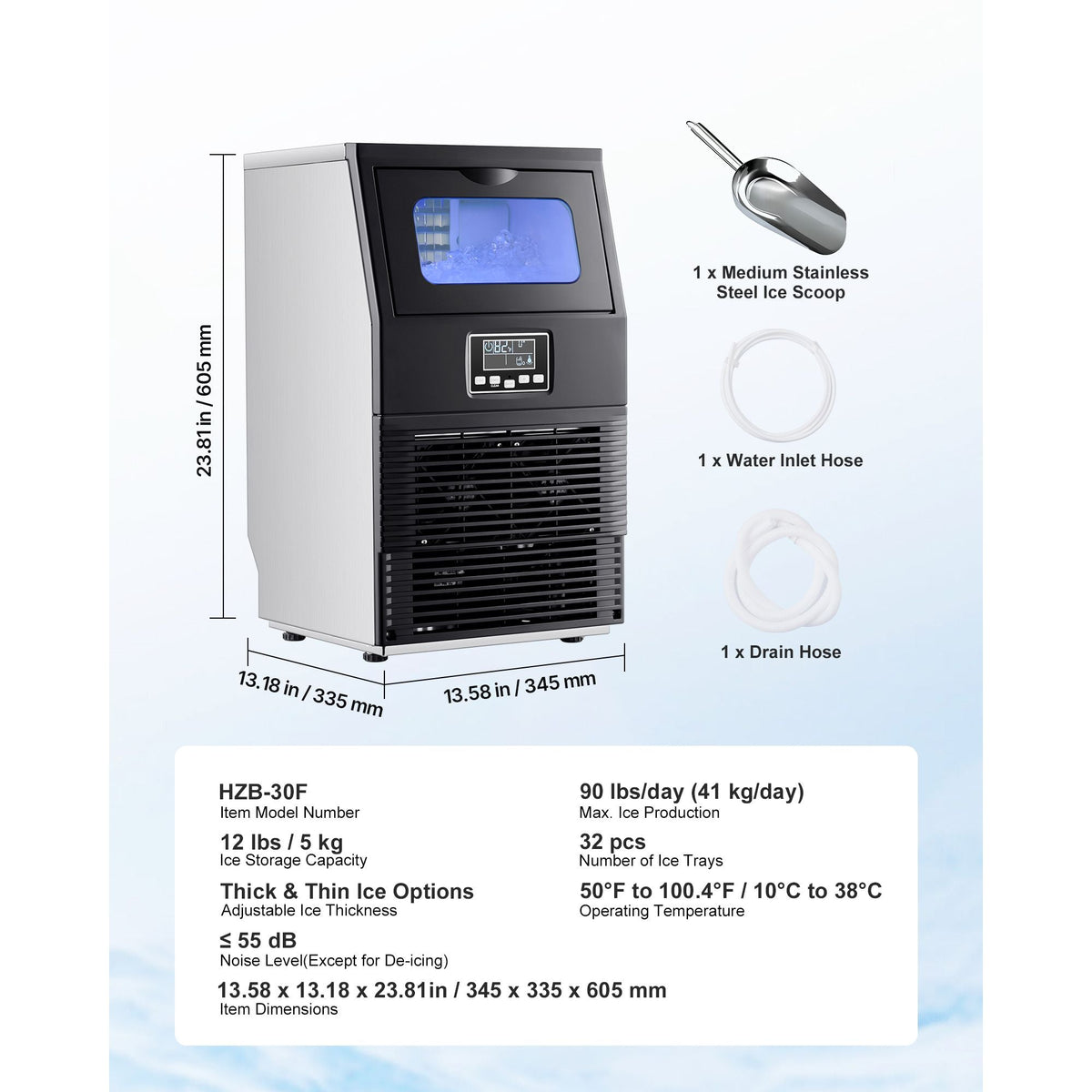Commercial Ice Maker Machine, 90 lbs/24h with 12Lbs Storage, 32 Cubes per Cycle, Stainless Steel Freestanding & Countertop Ice Maker with LED Display & Self-Cleaning, for Home Bar Restaurant