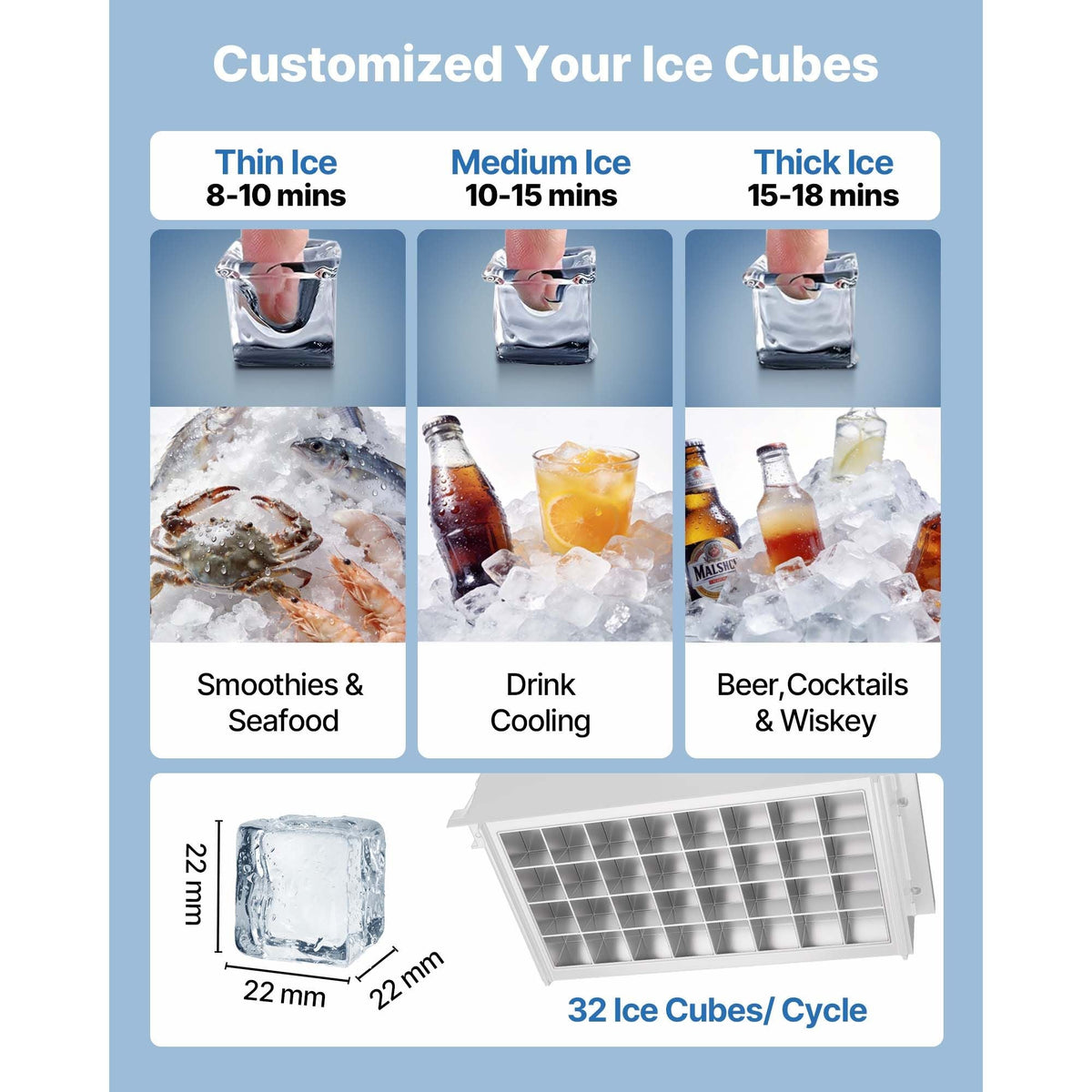 Commercial Ice Maker Machine, 90 lbs/24h with 13 lbs Storage Capacity, Countertop/Freestanding/Under Counter, Stainless Steel Ice Maker with LED Display & Self-Cleaning, for Home Bar Restaurant