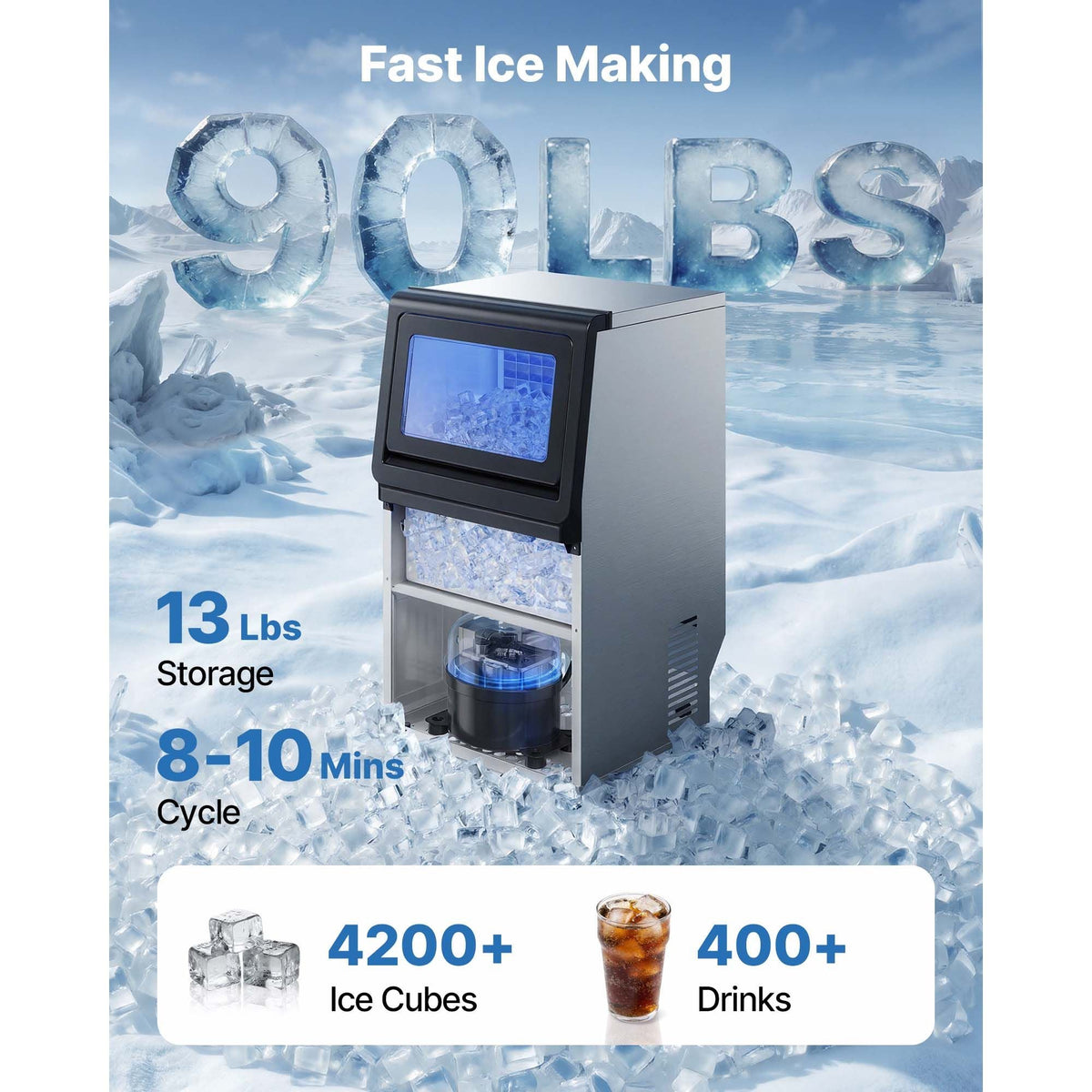 Commercial Ice Maker Machine, 90 lbs/24h with 13 lbs Storage Capacity, Countertop/Freestanding/Under Counter, Stainless Steel Ice Maker with LED Display & Self-Cleaning, for Home Bar Restaurant