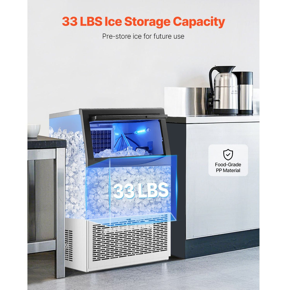 Commercial Ice Maker Machine, 90lbs/24H Ice Maker Machine with 33lbs Storage Capacity, 50 Ice Cubes in 15 Minutes, LED Digital Display Freestanding Self-Cleaning for Bar Office Restaurant
