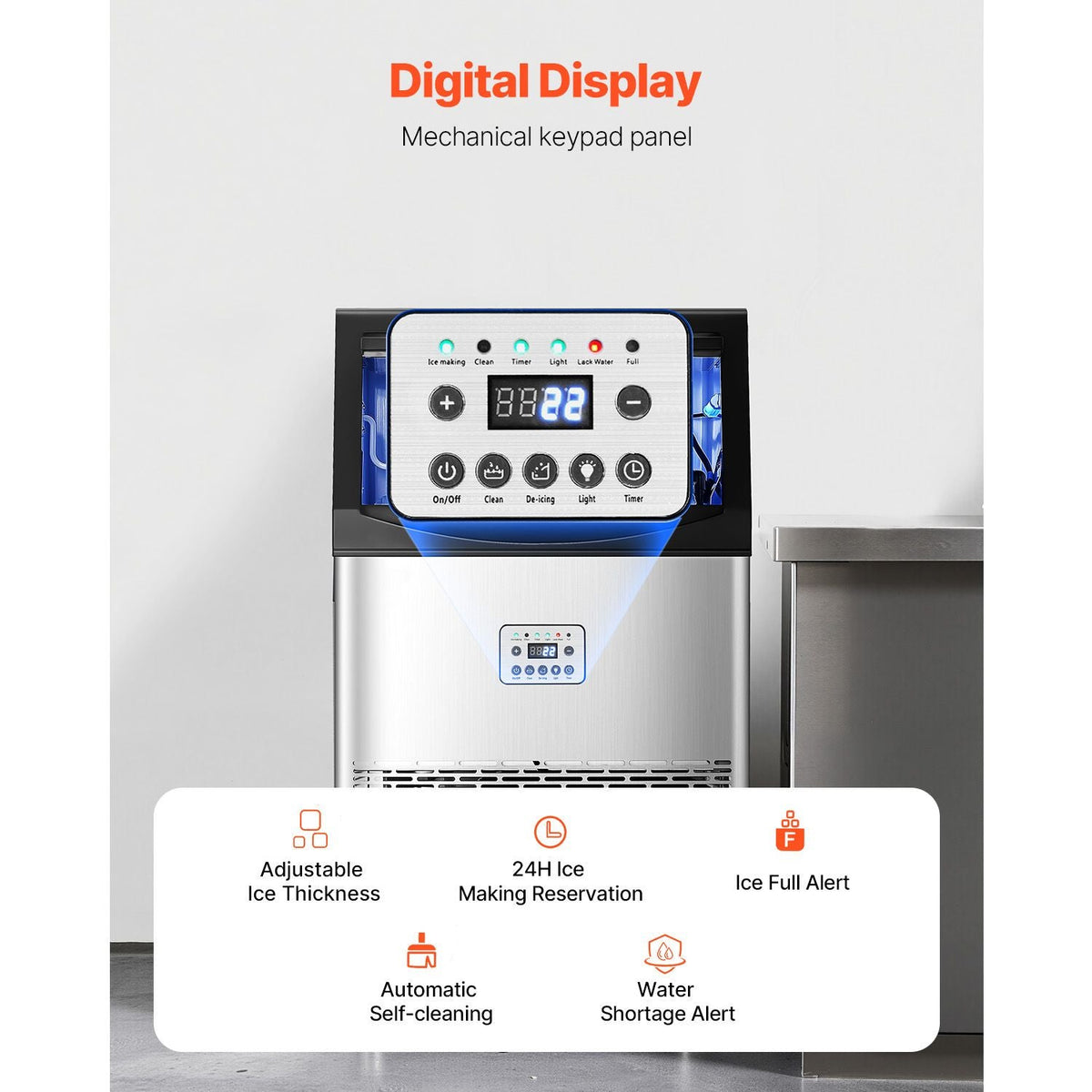 Commercial Ice Maker Machine, 90lbs/24H Ice Maker Machine with 33lbs Storage Capacity, 50 Ice Cubes in 15 Minutes, LED Digital Display Freestanding Self-Cleaning for Bar Office Restaurant