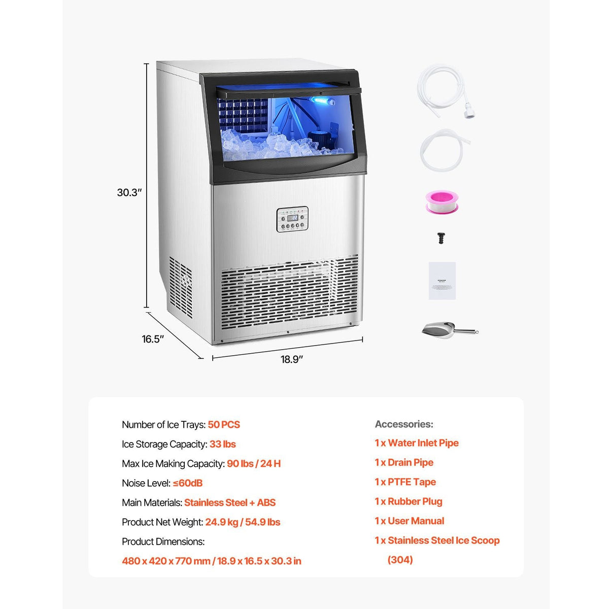 Commercial Ice Maker Machine, 90lbs/24H Ice Maker Machine with 33lbs Storage Capacity, 50 Ice Cubes in 15 Minutes, LED Digital Display Freestanding Self-Cleaning for Bar Office Restaurant