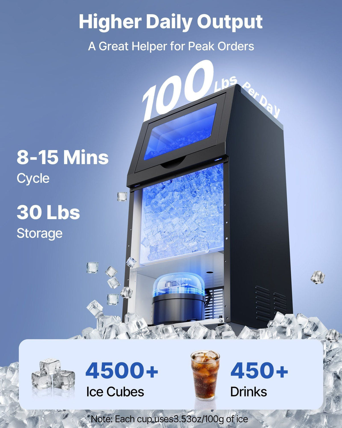 Commercial Ice Maker Machine with Pump, 100 lbs/24h with 30 lbs Storage Capacity, Built-in/Freestanding/Under Counter, Stainless Steel Ice Maker with LED Display & Self-Cleaning, for Home Bar