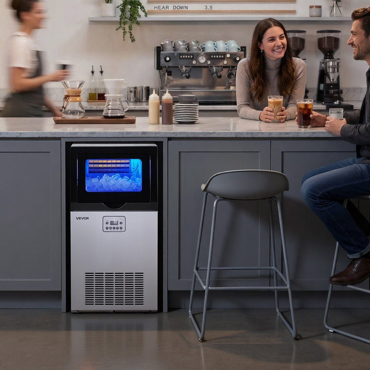 Commercial Ice Maker Machine with Pump, 100 lbs/24h with 30 lbs Storage Capacity, Built-in/Freestanding/Under Counter, Stainless Steel Ice Maker with LED Display & Self-Cleaning, for Home Bar