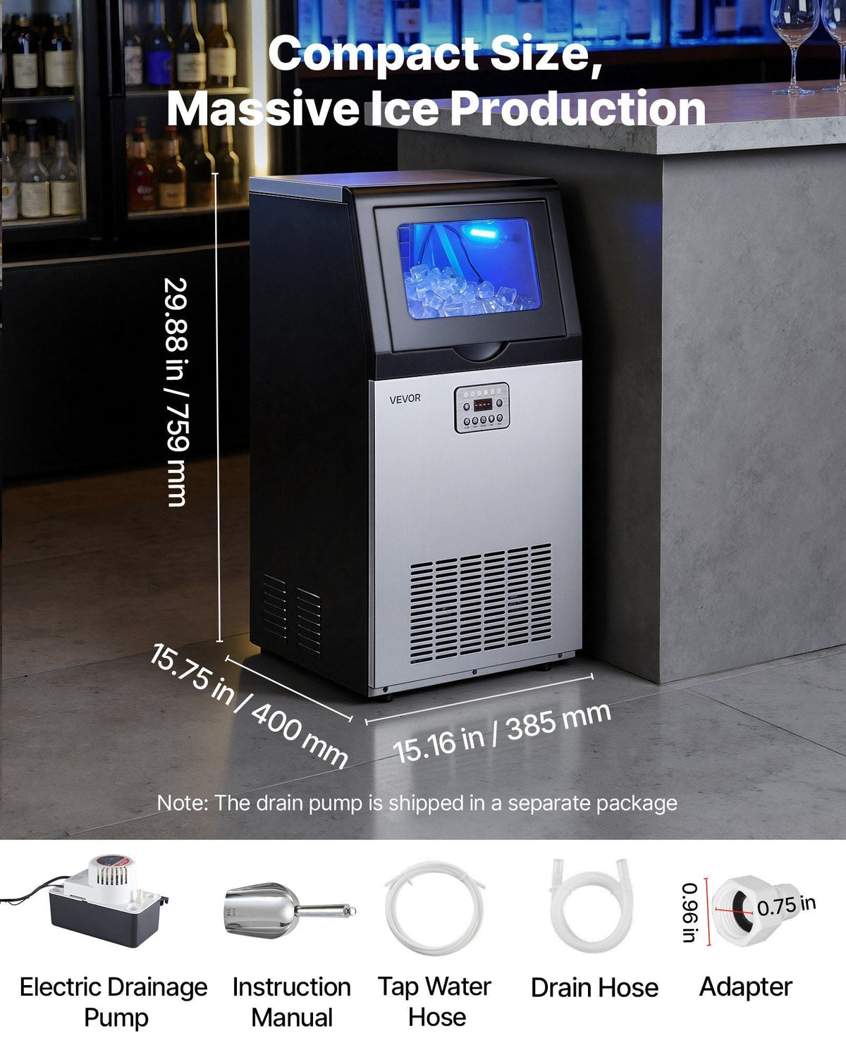 Commercial Ice Maker Machine with Pump, 100 lbs/24h with 30 lbs Storage Capacity, Built-in/Freestanding/Under Counter, Stainless Steel Ice Maker with LED Display & Self-Cleaning, for Home Bar