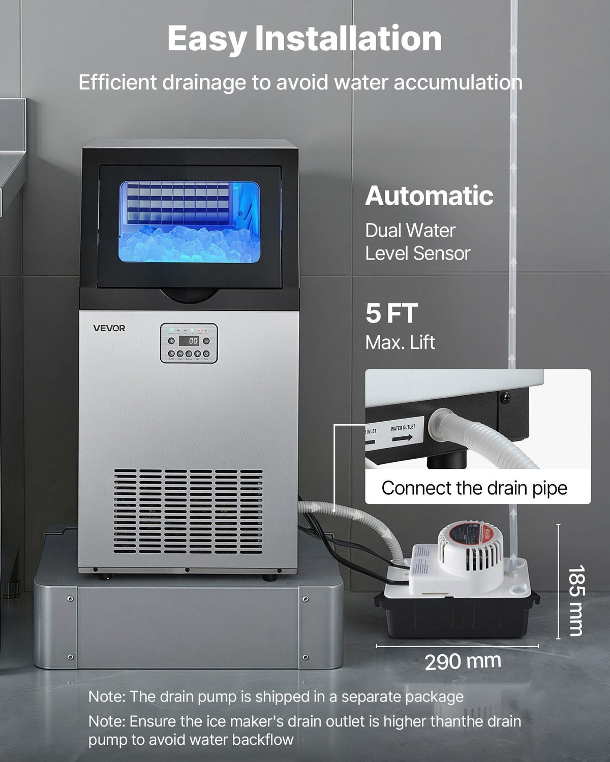 Commercial Ice Maker Machine with Pump, 100 lbs/24h with 30 lbs Storage Capacity, Built-in/Freestanding/Under Counter, Stainless Steel Ice Maker with LED Display & Self-Cleaning, for Home Bar