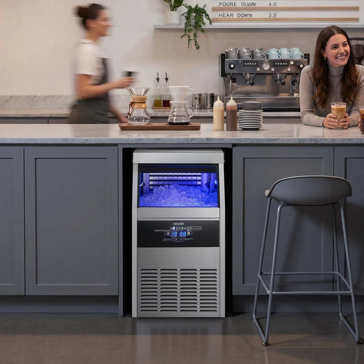 Commercial Ice Maker Machine with Pump, 130 lbs/24h with 30 lbs Storage Capacity, Built-in/Freestanding/Under Counter, Stainless Steel Ice Maker with LED Display & Self-Cleaning, for Home Bar